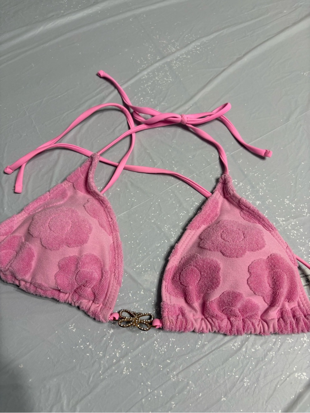 Pink Floral Textured Triangle Bikini Top